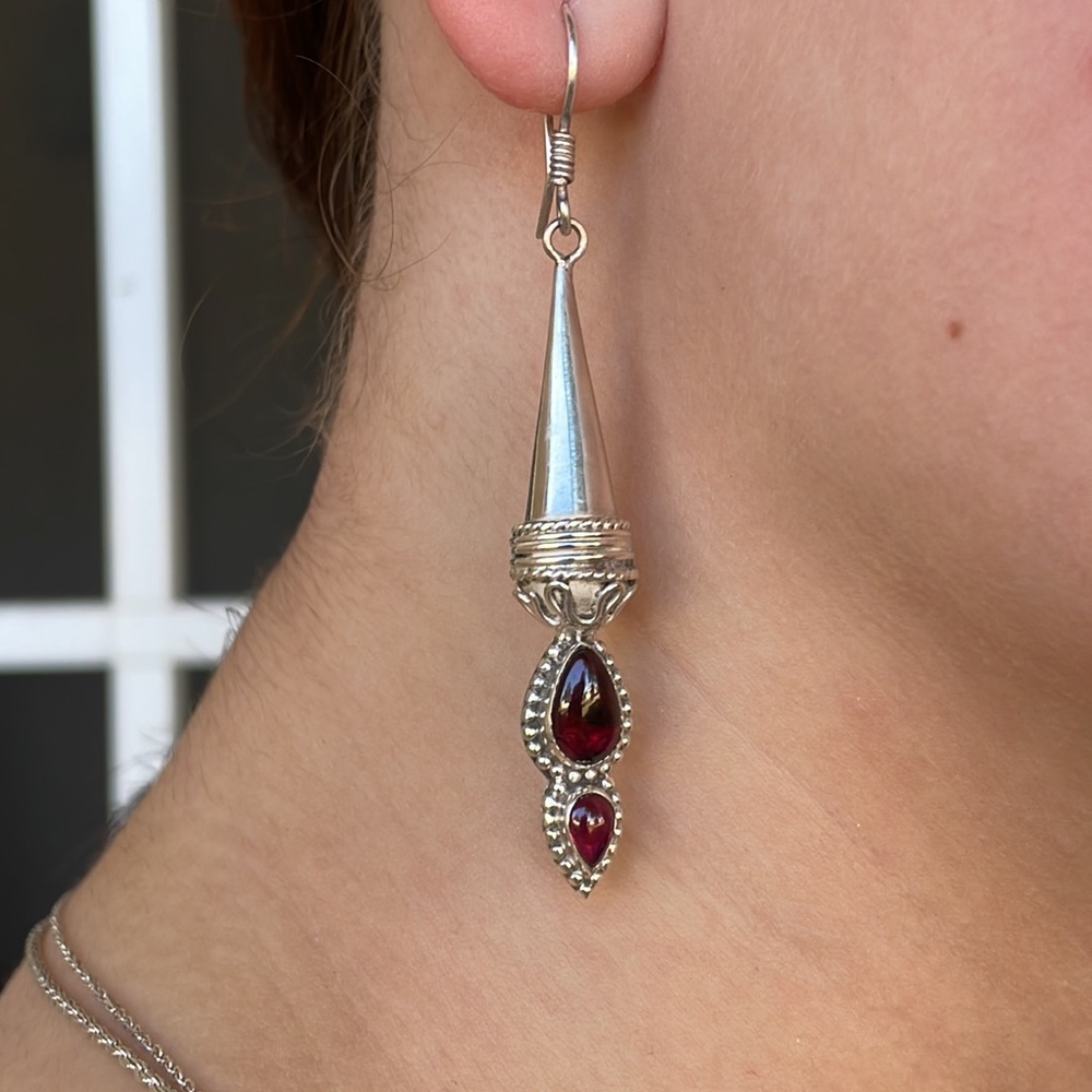 Vintage Designer Sudha Garnet and Silver Earrings